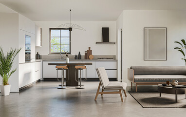 Studio room interior with cooking area, white walls, concrete floor and modern furniture. Minimalist design, 3d rendering