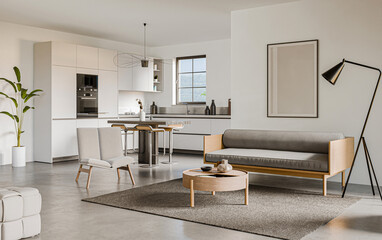 Studio room interior with cooking area, white walls, concrete floor and modern furniture. Minimalist design, 3d rendering