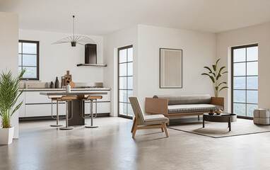 Studio room interior with cooking area, white walls, concrete floor and modern furniture. Minimalist design, 3d rendering