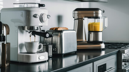 A coffee maker and blender on a counter top next to each other, AI