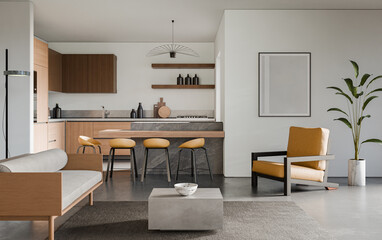 Studio room interior with cooking area, white walls, concrete floor and modern furniture. Minimalist design, 3d rendering