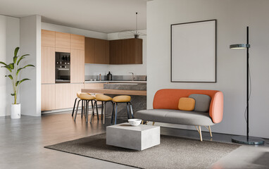 Studio room interior with cooking area, white walls, concrete floor and modern furniture. Minimalist design, 3d rendering