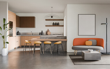 Studio room interior with cooking area, white walls, concrete floor and modern furniture. Minimalist design, 3d rendering