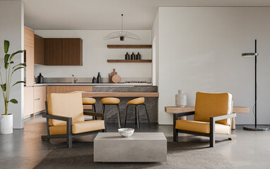 Fototapeta premium Studio room interior with cooking area, white walls, concrete floor and modern furniture. Minimalist design, 3d rendering