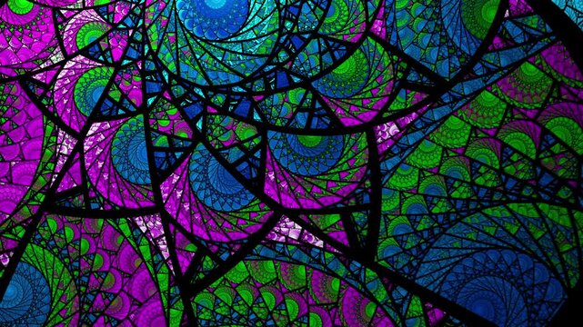 Abstract looping spiral fractal art background, like stained glass or looking through a kaleidoscope.