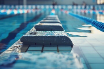Starting blocks lined up at the edge of a sport swimming pool