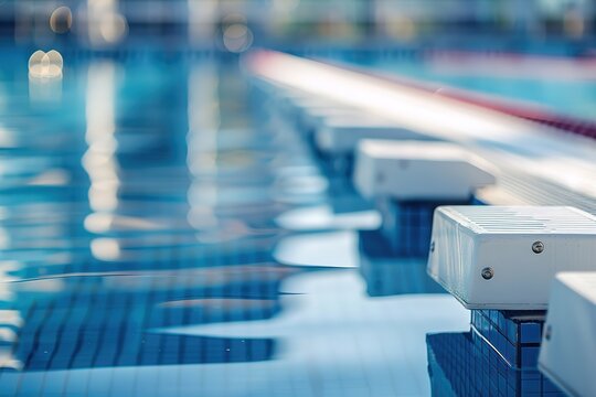 Starting blocks lined up at the edge of a sport swimming pool