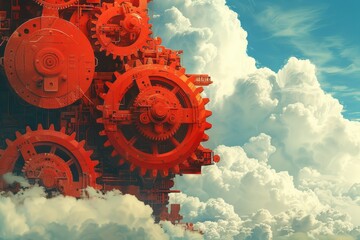 Intricate Red Gears Against a Dramatic Sky and Clouds.