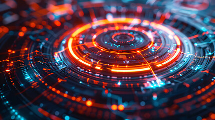 Abstract futuristic holographic circle maze interface concept background for technology, cybersecurity or business presentation. Dark tone with neon red and blue color with copy-space for text.