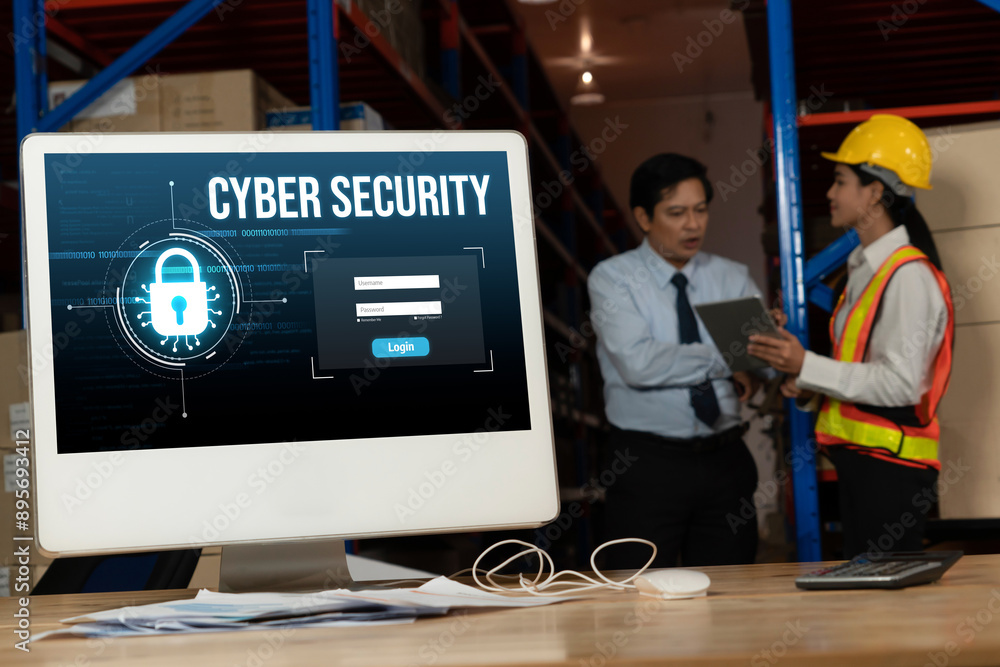 Poster cyber security system on computer screen protect private information snugly from hacker and cyber at