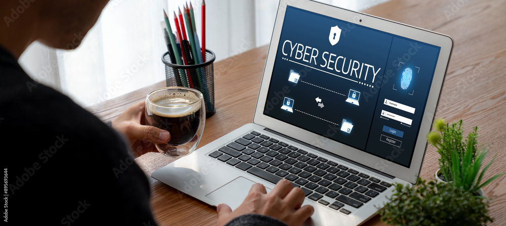 Poster cyber security system on computer screen protect private information snugly from hacker and cyber at