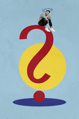 Vertical photo collage of thoughtful unhappy man sit big question mark sign think strategy solution...