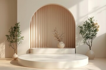 A podium floating circular platform, minimalist style product presentation, modern and clean design, high-resolution