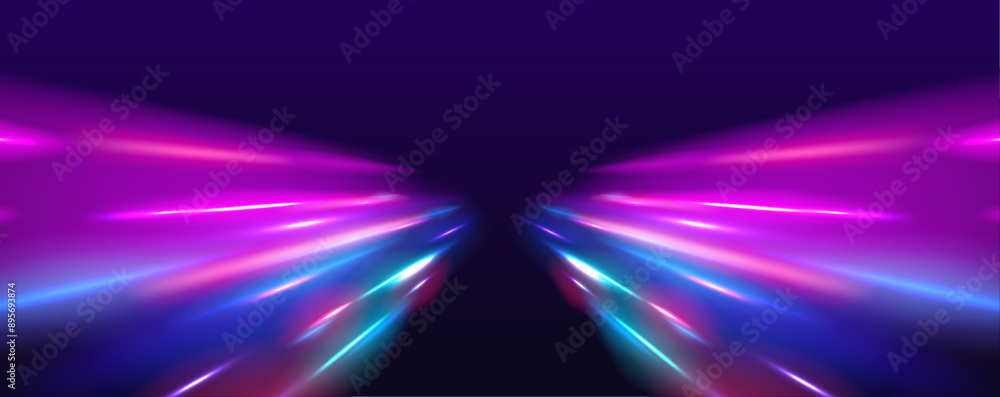 Poster a flash of neon light and a trail of fiery flash. acceleration speed motion on night road. neon stri