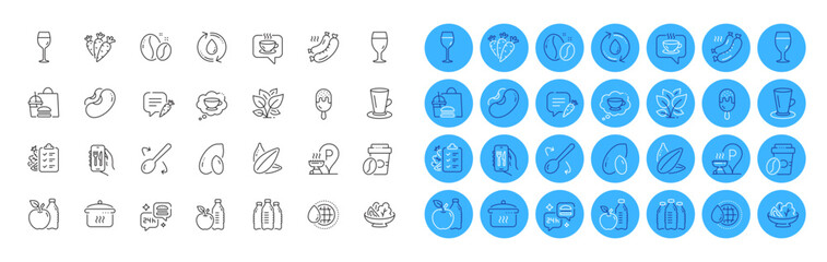 Coffee cup, Restaurant app and Ice cream line icons pack. Leaf, Carrots, Chat bubble web icon. Boiling pan, Salad, Food delivery pictogram. Teacup, Water bottles, Coffee. Beans. Vector