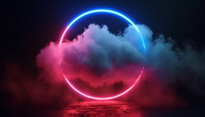 Naklejka premium Neon light circle frame glowing in clouds