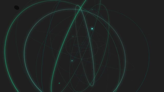 Abstract Neon green orbital paths set against a black background. The minimalist design features intersecting paths and glowing, evoking a sense of futuristic motion, space and scientific visual