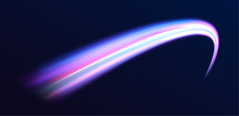 Night starry sky. Meteor shower, abstract space background. Expressway in long delay, with car lights at night on autobahn. Vector glitter light fire flare trace.