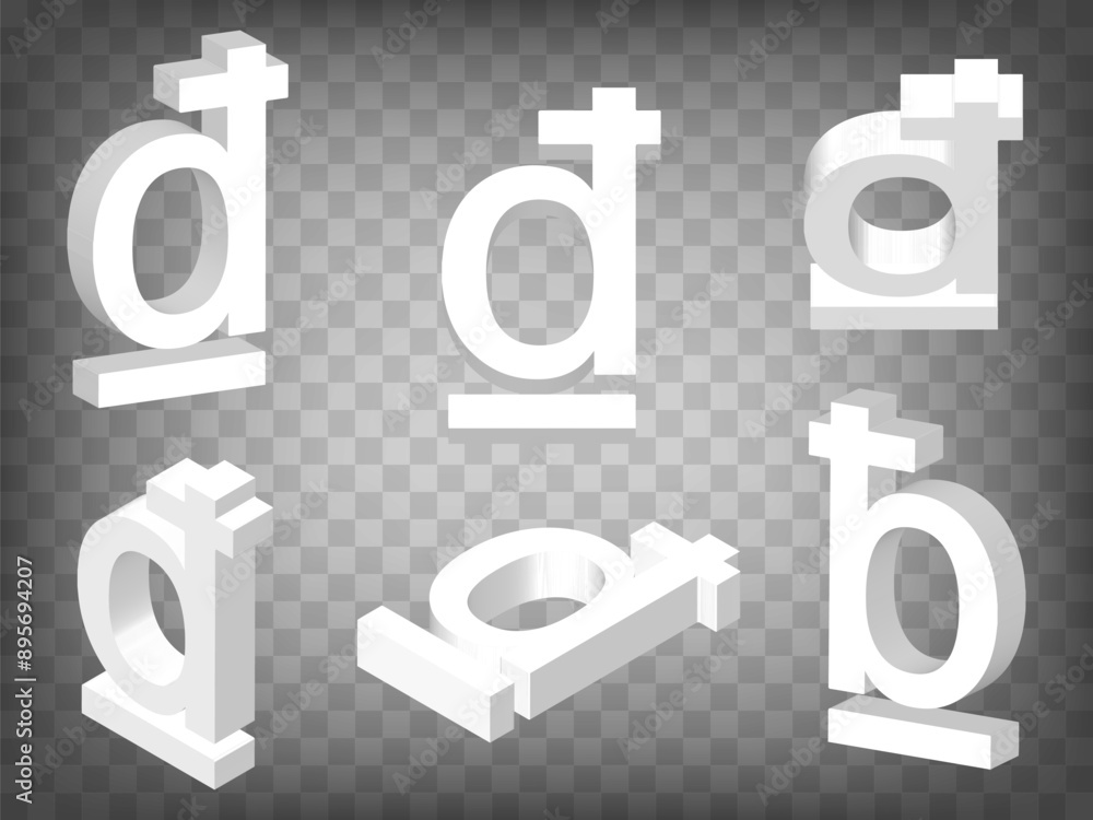 Poster set of perspective projections 3d vietnamese dong sign model icons on transparent background. high d