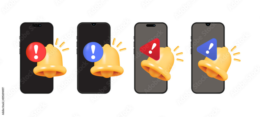 Poster 3d smartphone with bell notification icons set. message notification, social media alerts, new inbox