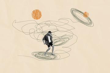 Creative collage picture young funky man dancer party disco clubber drawing doodles psychology...