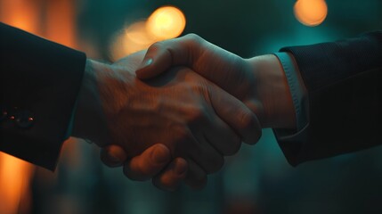 two men shaking hands against the blurred background of the city	
v