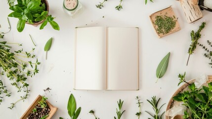 White book cover on white background Surrounded by various herbs
