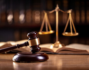 Law and justice, featuring symbols like a gavel, scales of justice, and legal documents symbolizing legal proceedings, fairness, and authority.