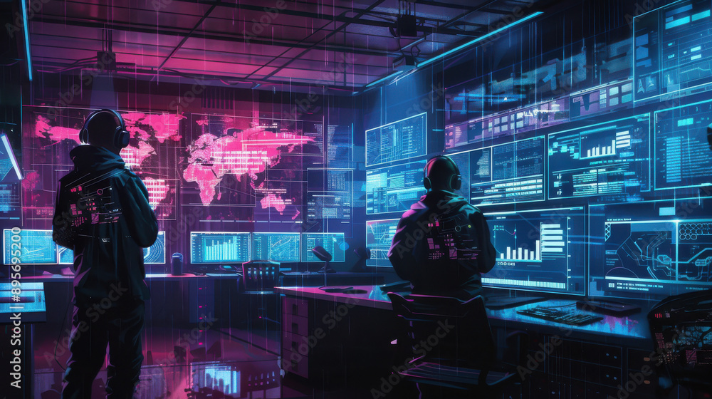 Aufkleber a cybersecurity command center in chaos, with multiple alerts and warnings of a massive hack attack 
