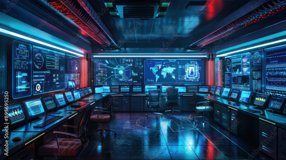 Poster a cybersecurity command center in chaos, with multiple alerts and warnings of a massive hack attack 