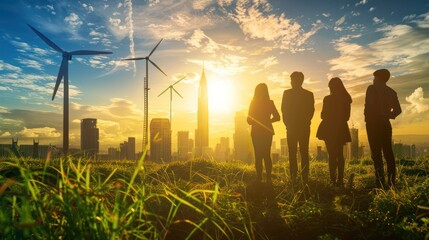 Environmental and social governance in business: Team meeting on sustainable practices, renewable energy, and ecological responsibility.