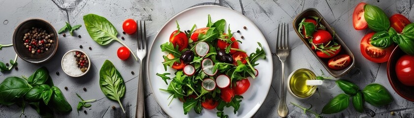 Healthy vegetable salad with tomatoes, radishes, and leafy greens, surrounded by fresh ingredients on a rustic tabletop.