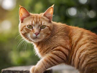 orange cat with blur background, orange cat is sitting and looking