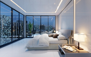 3D close up render of luxury modern bedroom with city view