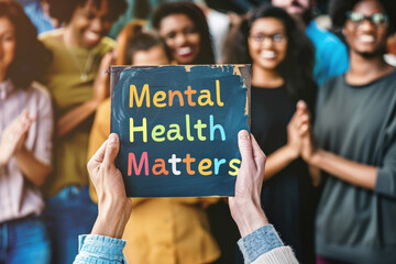 Hands holding a sign reading mental health matters with a diverse group of people clapping in the background