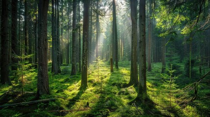 Fototapeta premium A dense forest with sunlight filtering through the trees