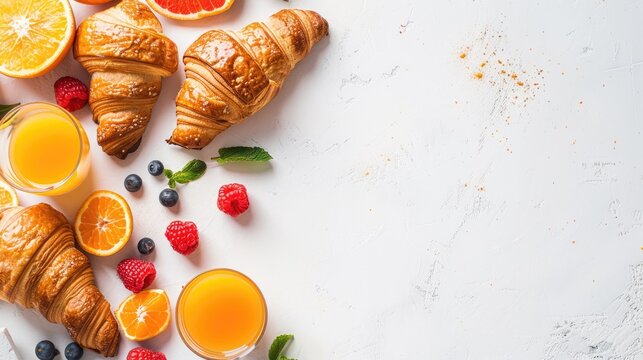 A delicious continental breakfast spread with fresh croissants, orange juice, and fruit on a clean white background