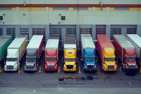 Fleet of colorful semi trucks are parked in front of loading docks at a large distribution warehouse building waiting to be unloaded