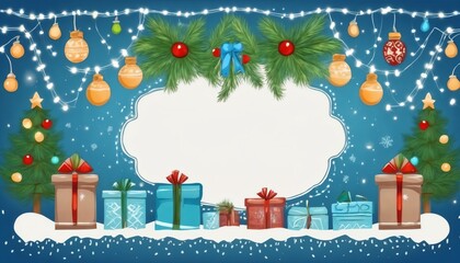 Christmas decorations and gifts and garland on a wall background for new year celebrations, winter fairy tale