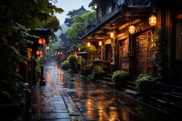 Fototapeta premium old town on a late rainy evening, wet pavement, street lights, old architecture in Japanese or Chinese style