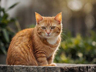 Fototapeta premium orange cat with blur background, orange cat is sitting and looking
