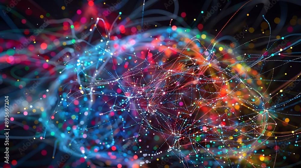 Poster artistic interpretation of a brain's neural connections using colorful lines and dots, showcasing a 