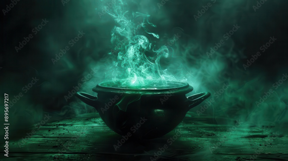 Wall mural mystical cauldron emitting eerie green glow wisps of magical smoke dark foggy background halloween ambiance witchcraft and sorcery vibes