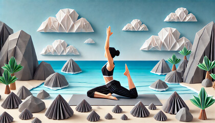 Origami Woman Performing Yoga Pose on Scenic Lakeside with Paper Mountains in Background