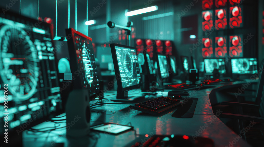Poster a dark room filled with computer monitors showing a system hack alert, highlighting the severity of 