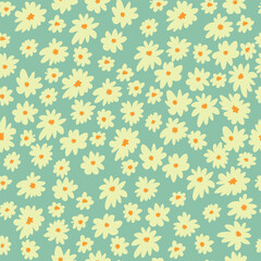Floral pattern on turquoise background. Seamless pattern with cute flowers, vector illustration