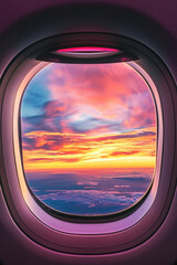 Gazing out of the airplane window, a magical sunset paints the sky in vibrant hues above the clouds, offering a sense of freedom and adventure ideal for travel concepts