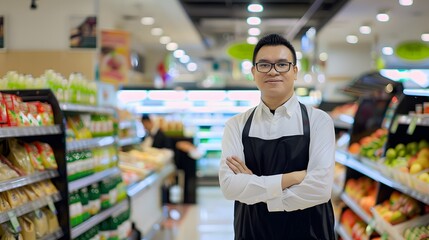 Smiling man in an apron working at a grocery store.