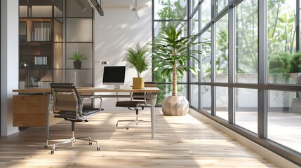 Fototapeta premium Modern Office Interior with Large Windows and Natural Light