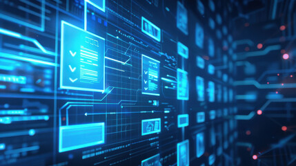 A digital screen with a blue hue displaying compliance guidelines, regulatory policies, and checkbox lists, illustrating proper adherence to standards